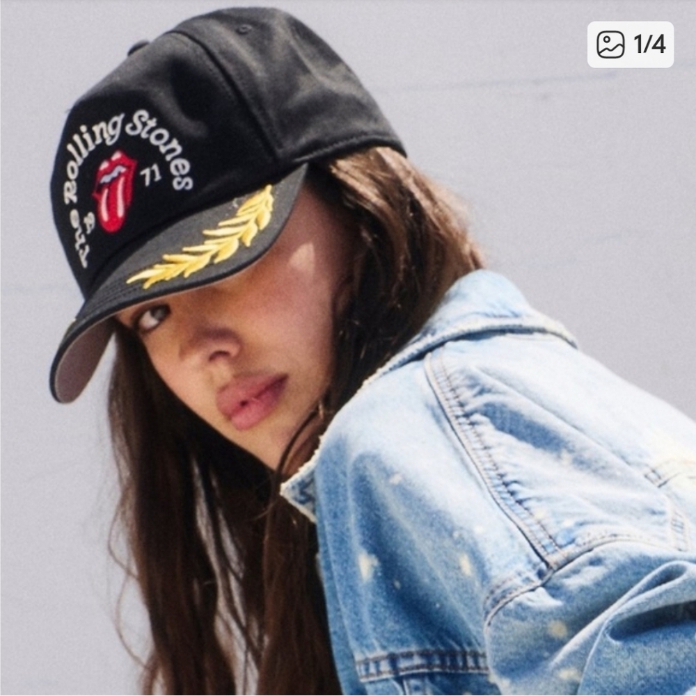Free People Black Cap with Gold Laurel Embroidery